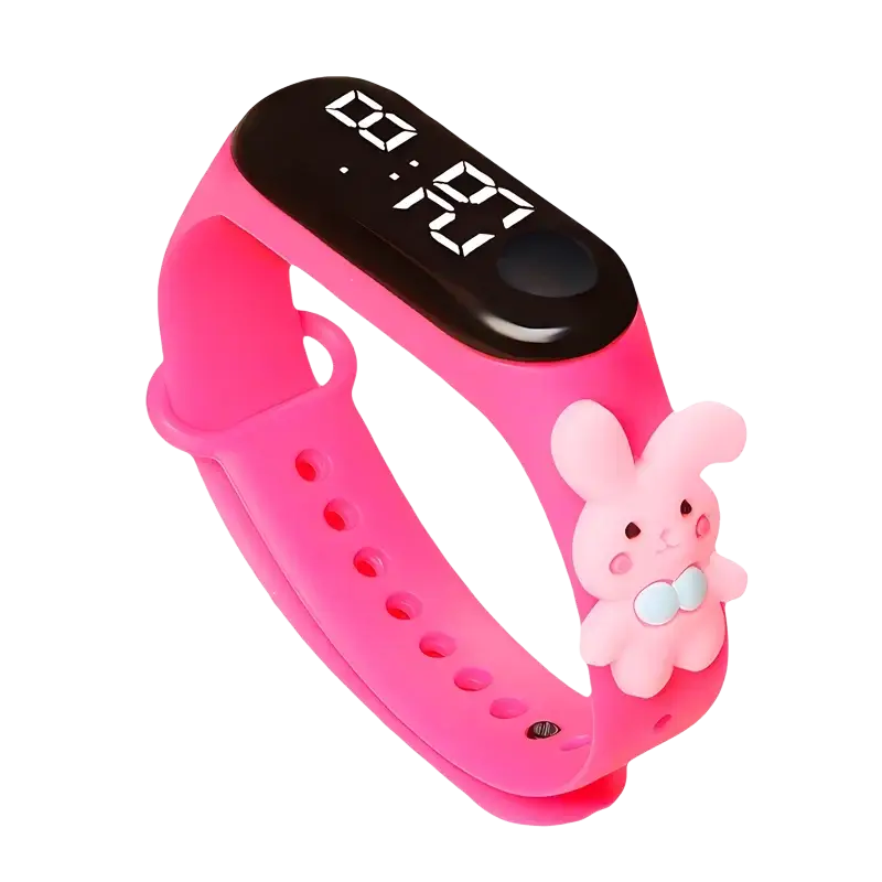 Kids waterproof led digital sports watch with pink silicone wristband black display and cute pink bunny charm