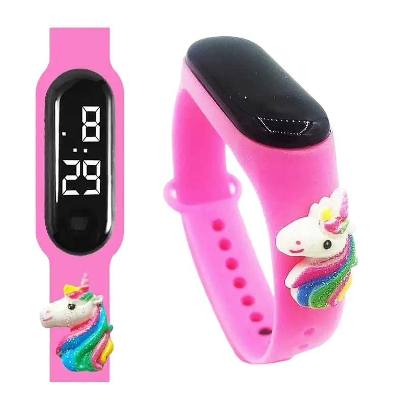 Kids waterproof led digital sports watch in pink silicone with black screen and colorful rainbow unicorn charms