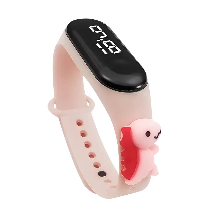 Pink silicone kids waterproof led digital sports watch with black display showing 7:29 and pink axolotl charm attached