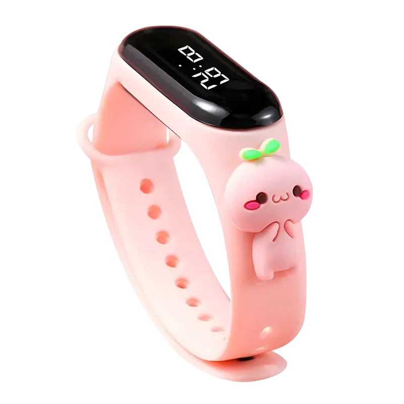 Kids waterproof led digital sports watch in pink silicone with a black display and a cartoon character charm on the side