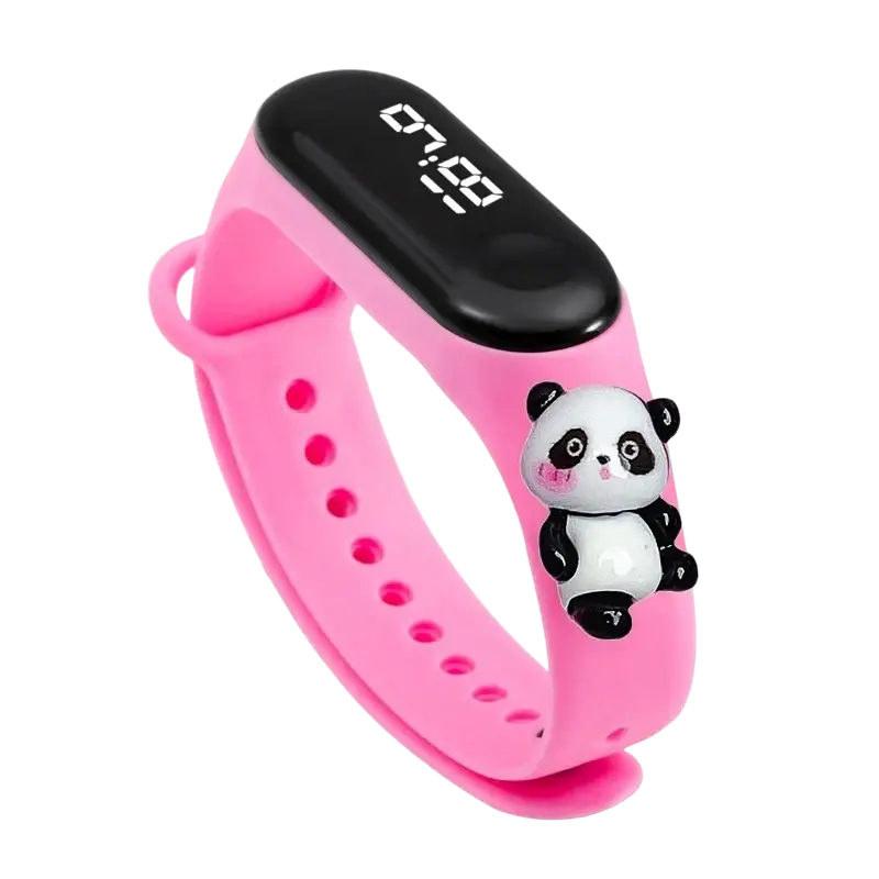 Kids waterproof led digital sports watch pink silicone fitness tracker with black display and panda charm attached