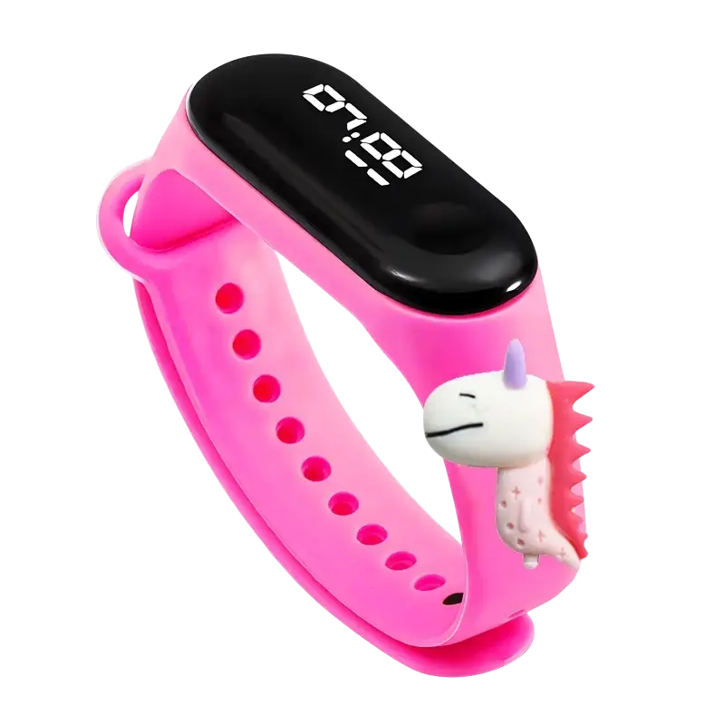 Kids waterproof led digital sports watch with pink silicone band black digital display and white unicorn charm attached