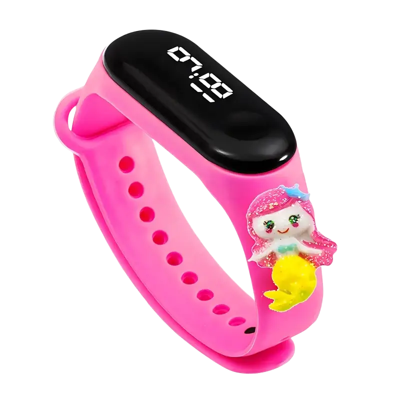 Kids waterproof led digital sports watch with pink silicone wristband, black digital display, and glittery mermaid charm