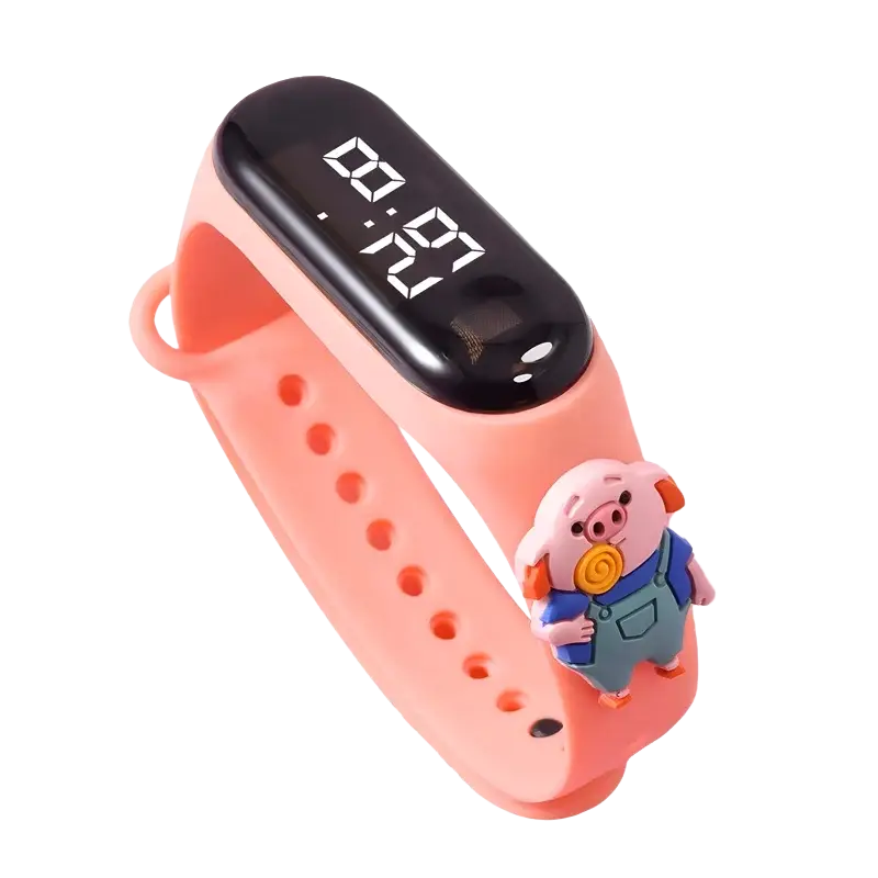 Kids waterproof led digital sports watch with pink silicone band black display showing 8:27 and pig charm