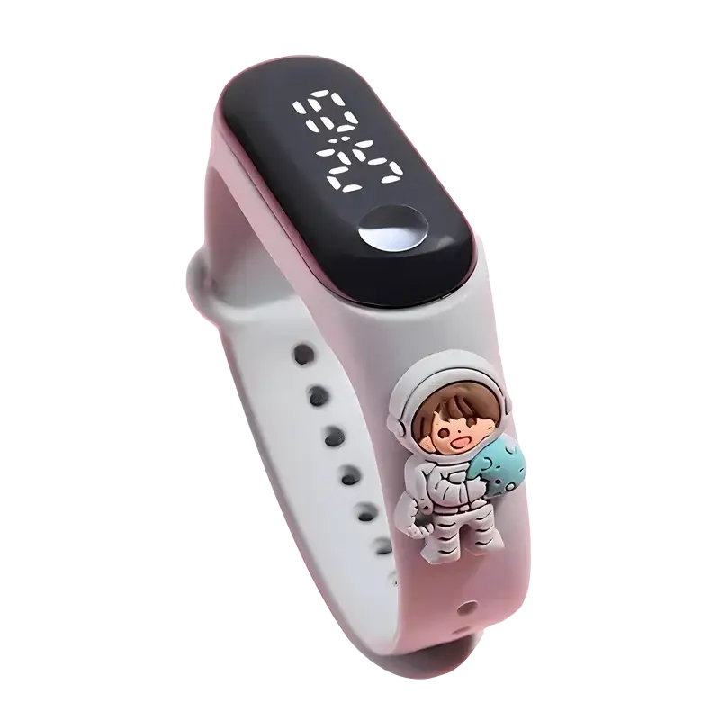 Kids waterproof LED digital sports watch in pink and white silicone with black display and cartoon astronaut charm