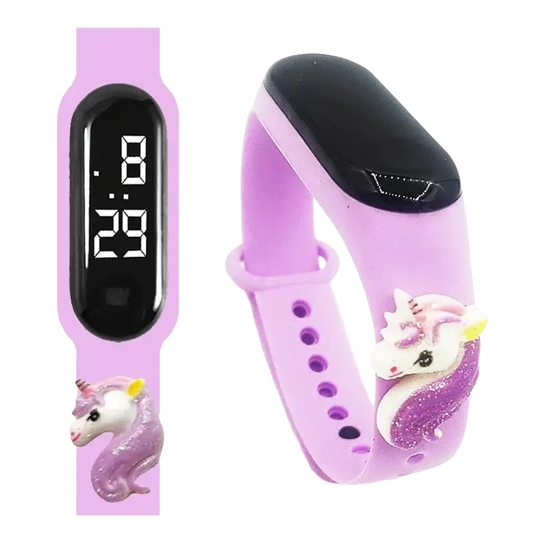 Kids waterproof led digital sports watch with purple silicone band black screen and glittery unicorn charm attached