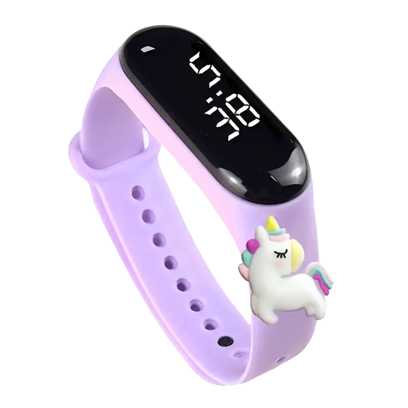 Kids waterproof led digital sports watch purple silicone fitness tracker with black display and white unicorn charm attached