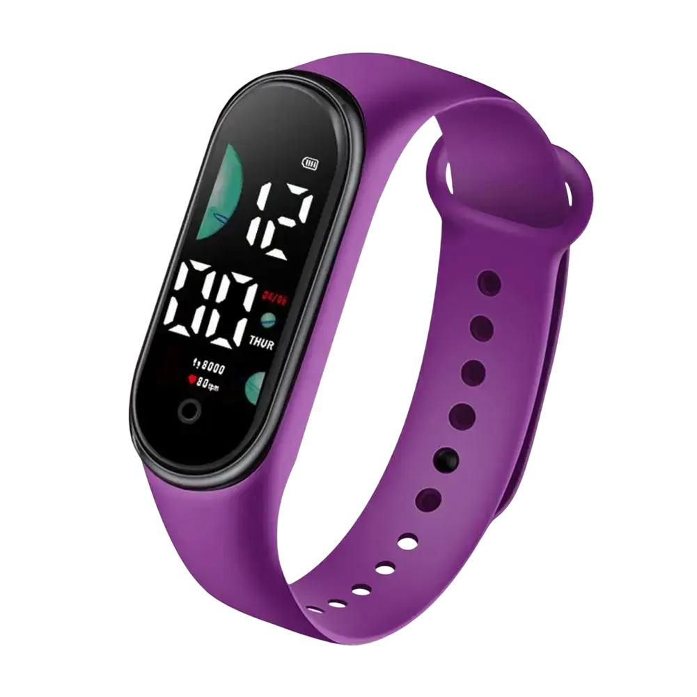 Purple silicone kids waterproof led digital sports watch with black display showing time date and health metrics