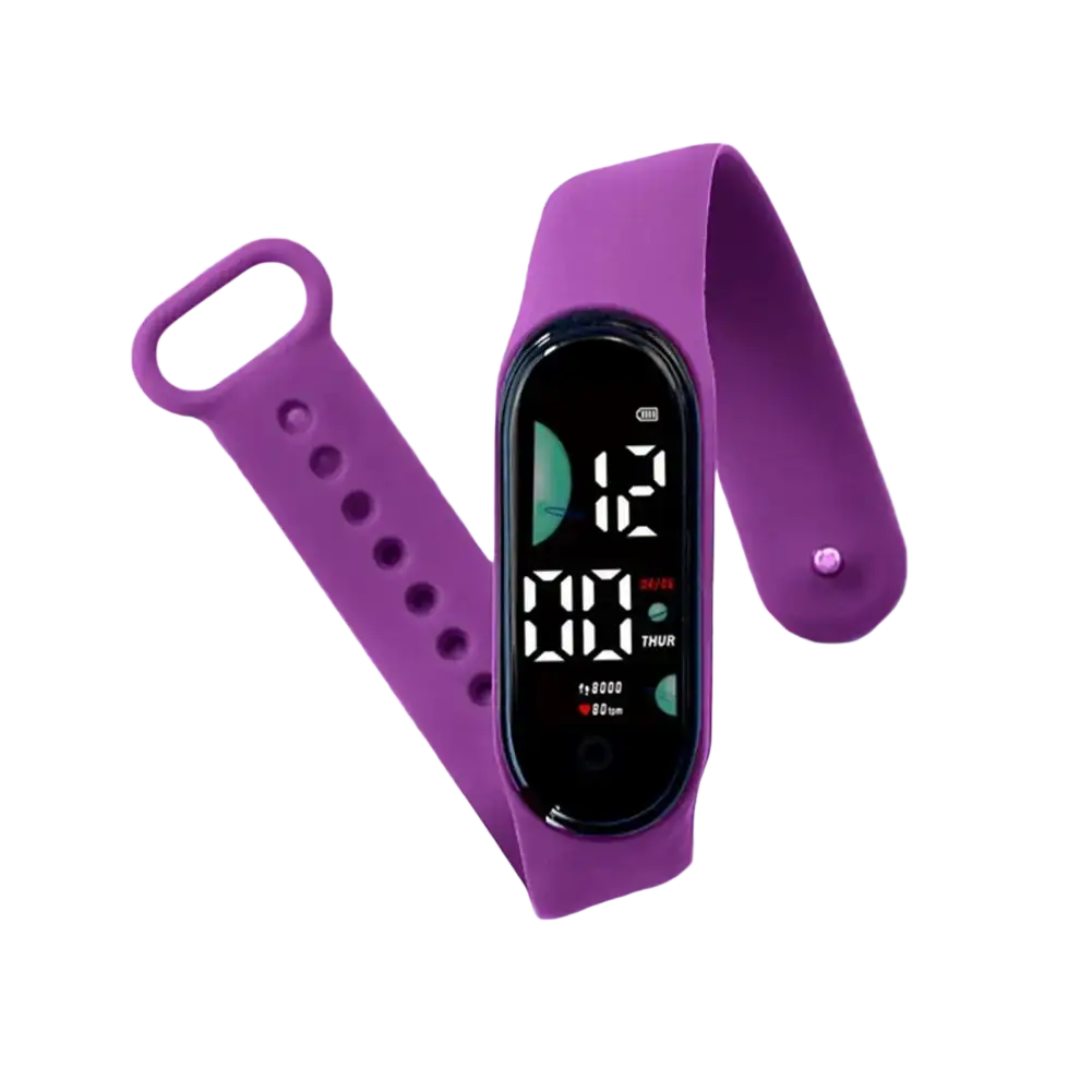 Kids waterproof led digital sports watch with purple silicone strap and black screen displaying time and date
