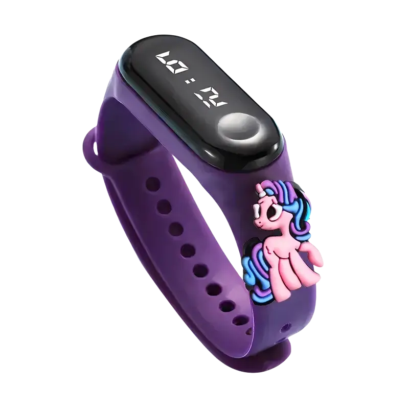 Kids waterproof led digital sports watch with purple silicone band black digital display and pink my little pony charm