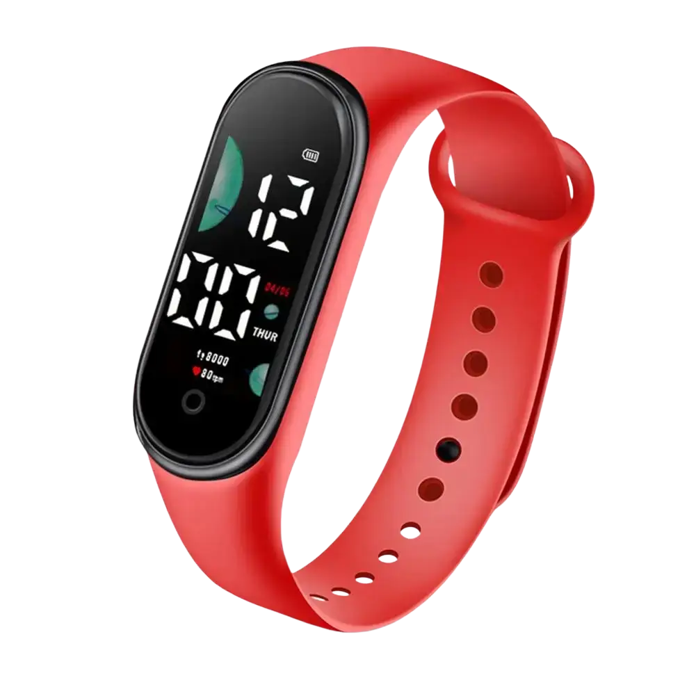 Kids waterproof LED digital sports watch with red silicone band and black display showing time and health metrics
