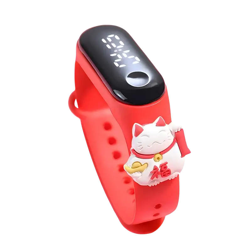 Red silicone kids waterproof led digital sports watch with black display and white lucky cat charm with red and gold details