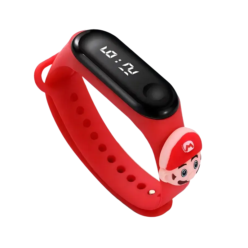 Kids waterproof LED digital sports watch with red silicone band black display and 3D mario character charm attached