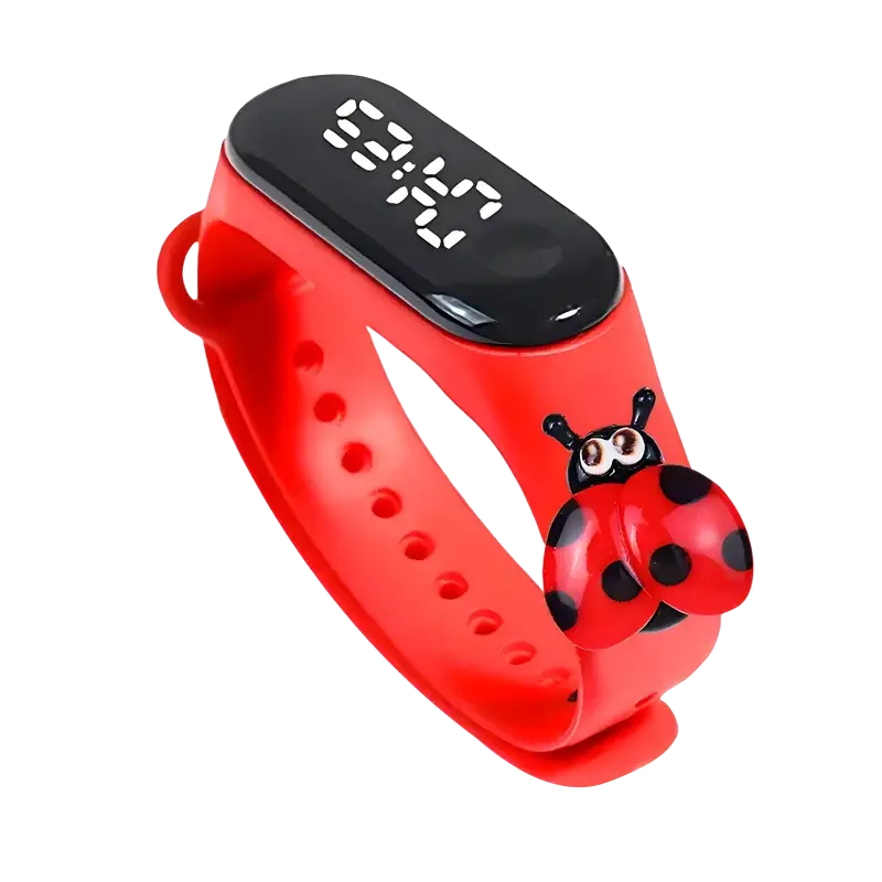 Kids waterproof led digital sports watch with red silicone band and black digital display featuring red ladybug charm