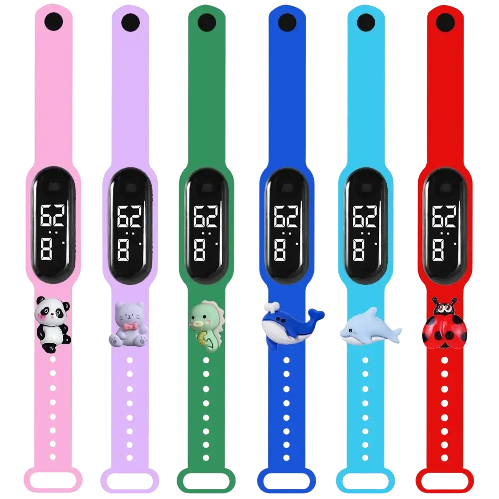 Six colorful silicone kids waterproof led digital sports watches with insect repellent and cute animal charms