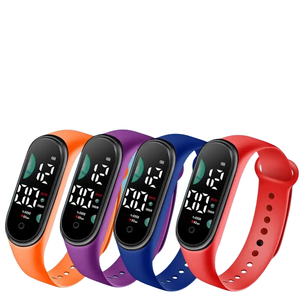 Kids waterproof led digital sports watch with stylish silicone strap and black screen in vibrant orange purple blue or red