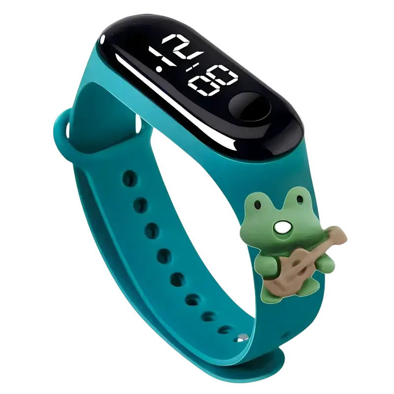 Teal silicone kids waterproof led digital sports watch with black display showing 12 06 and frog guitar charm attached