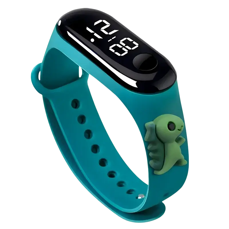 Kids waterproof led digital sports watch in teal silicone with black display showing 12 06 and green dinosaur charm