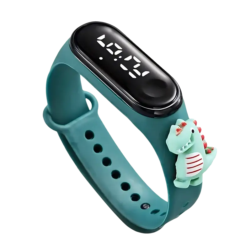 Kids waterproof led digital sports watch with teal silicone wristband black display showing 12 07 and green dinosaur charm
