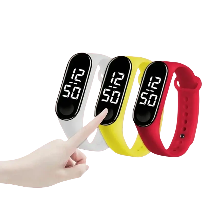 Three colorful kids waterproof led digital sports watches in white yellow and red with black touch screens displaying 1250