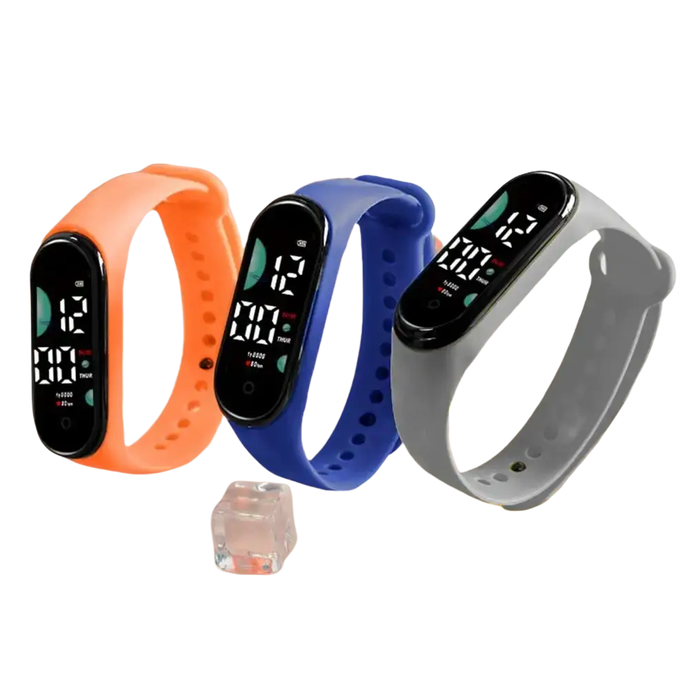 Three kids waterproof led digital sports watches with silicone bands in orange blue and gray displayed side by side