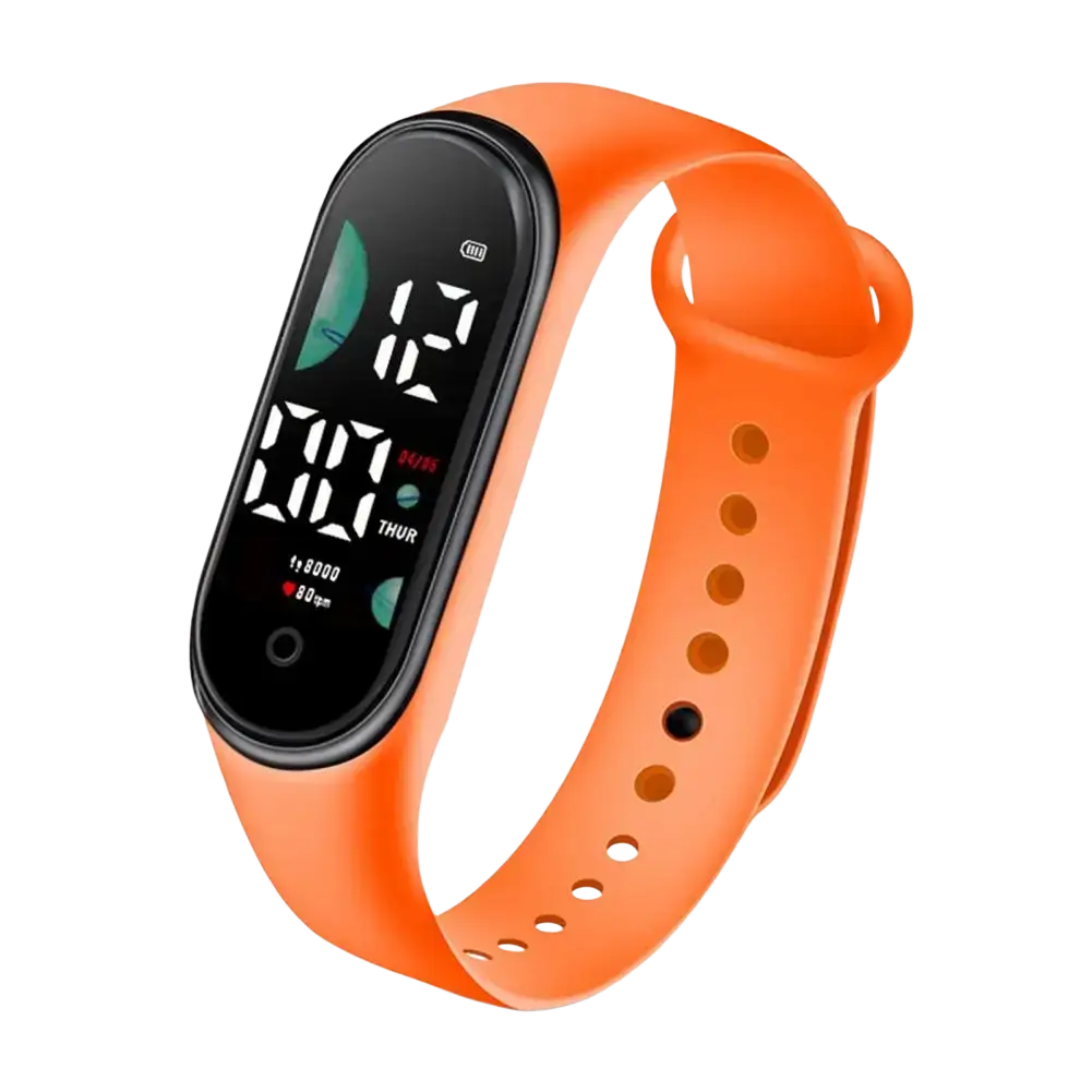 Kids waterproof led digital sports watch with vibrant orange silicone band and black digital display showing health metrics