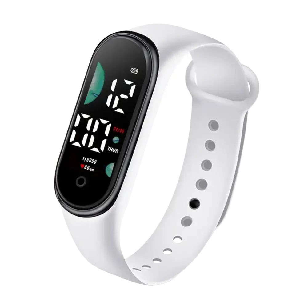 White silicone band kids waterproof led digital sports watch with black display showing time date and health metrics