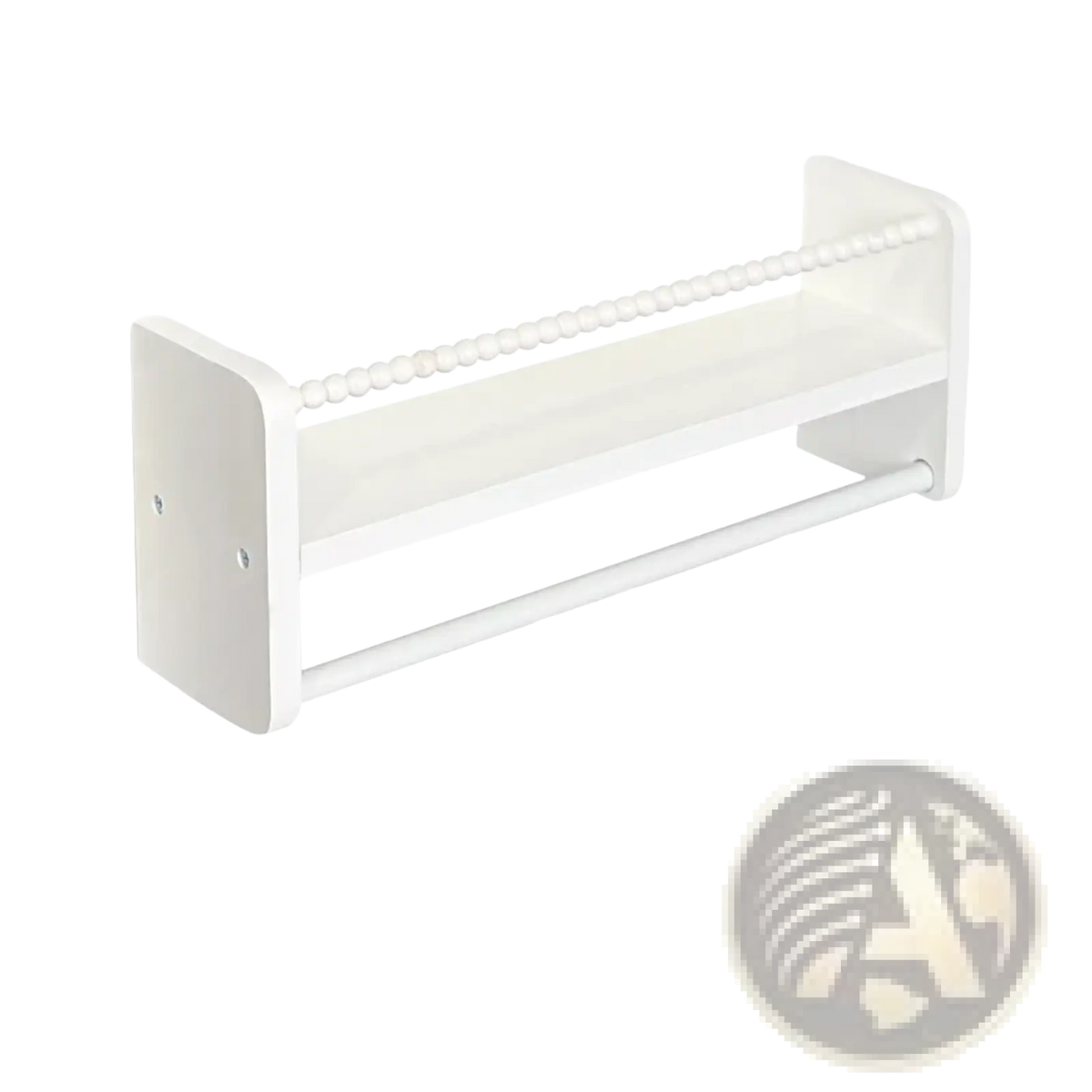 White wooden towel rack with decorative beaded top rail shown alongside kids wood floating bookshelves set of 3