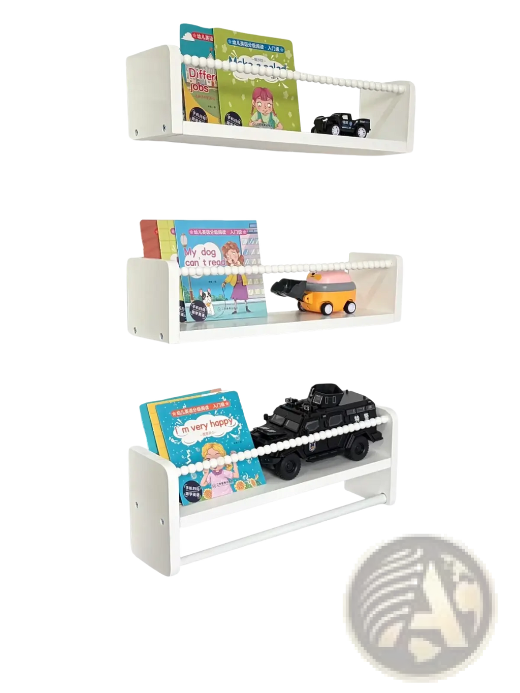 White plastic kids wood floating bookshelf set of 3 with beaded rope detail along front edge