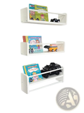 White plastic kids wood floating bookshelf set of 3 with beaded rope detail along front edge