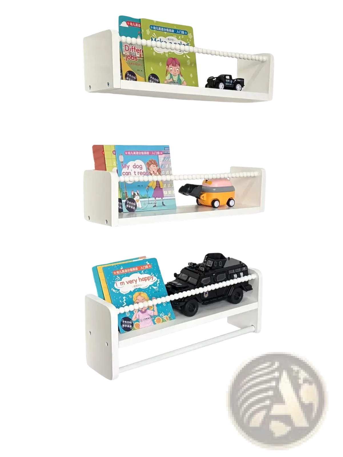 White plastic kids wood floating bookshelf set of 3 with beaded rope detail along front edge