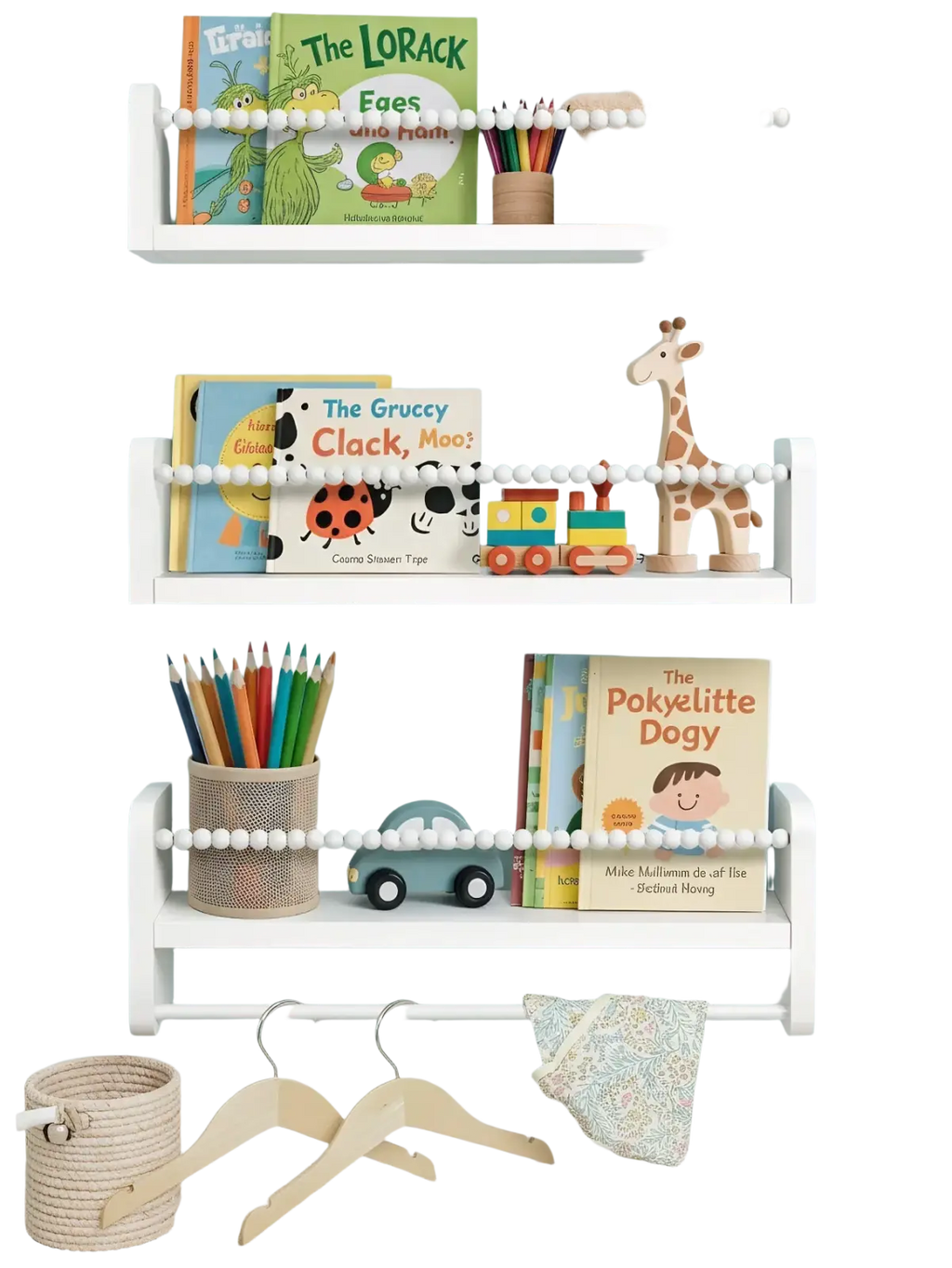 Kids wood floating bookshelves set of 3 with white bead accents displaying children’s books toys and stationery