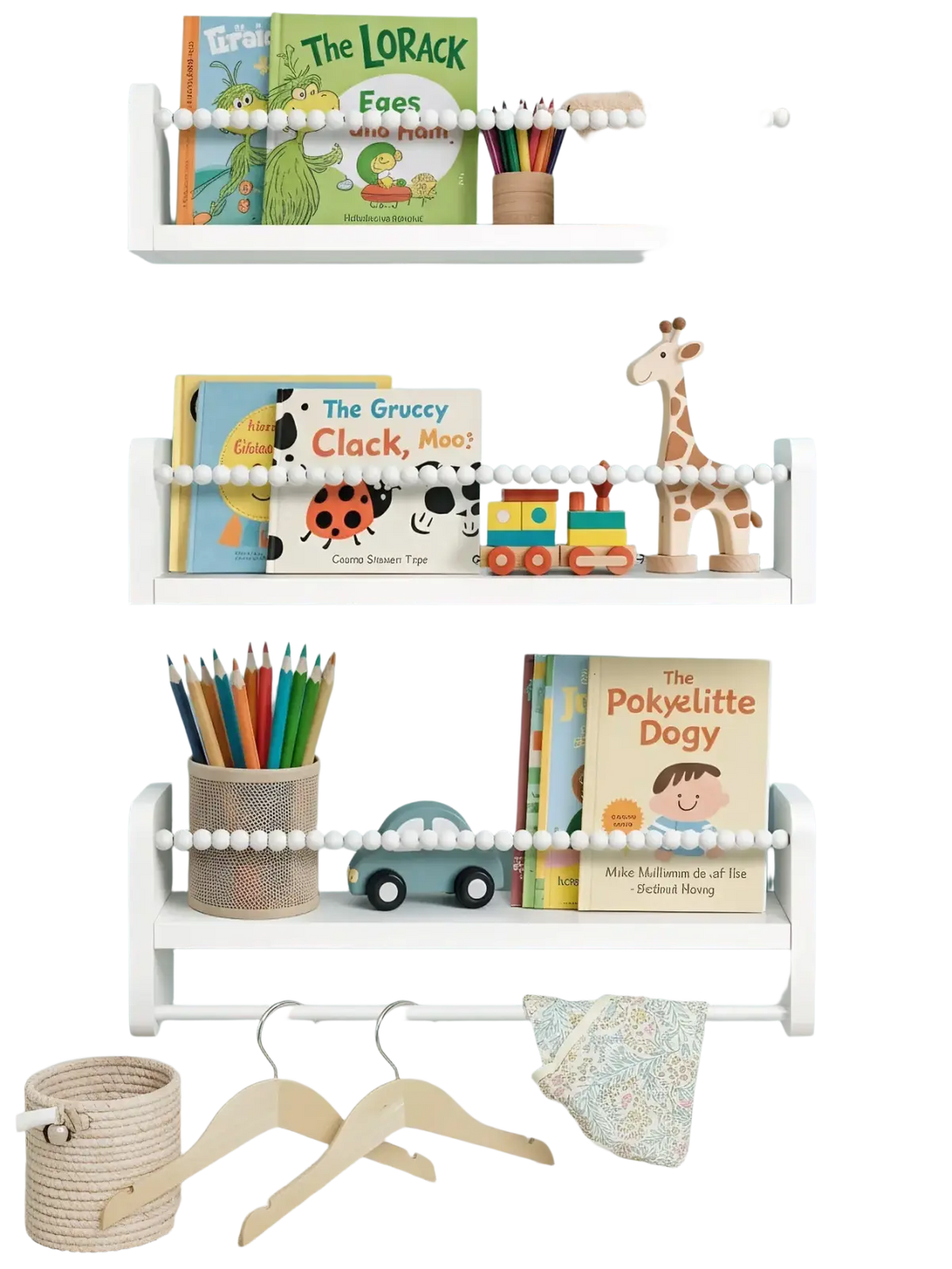Kids wood floating bookshelves set of 3 with white bead accents displaying children’s books toys and stationery