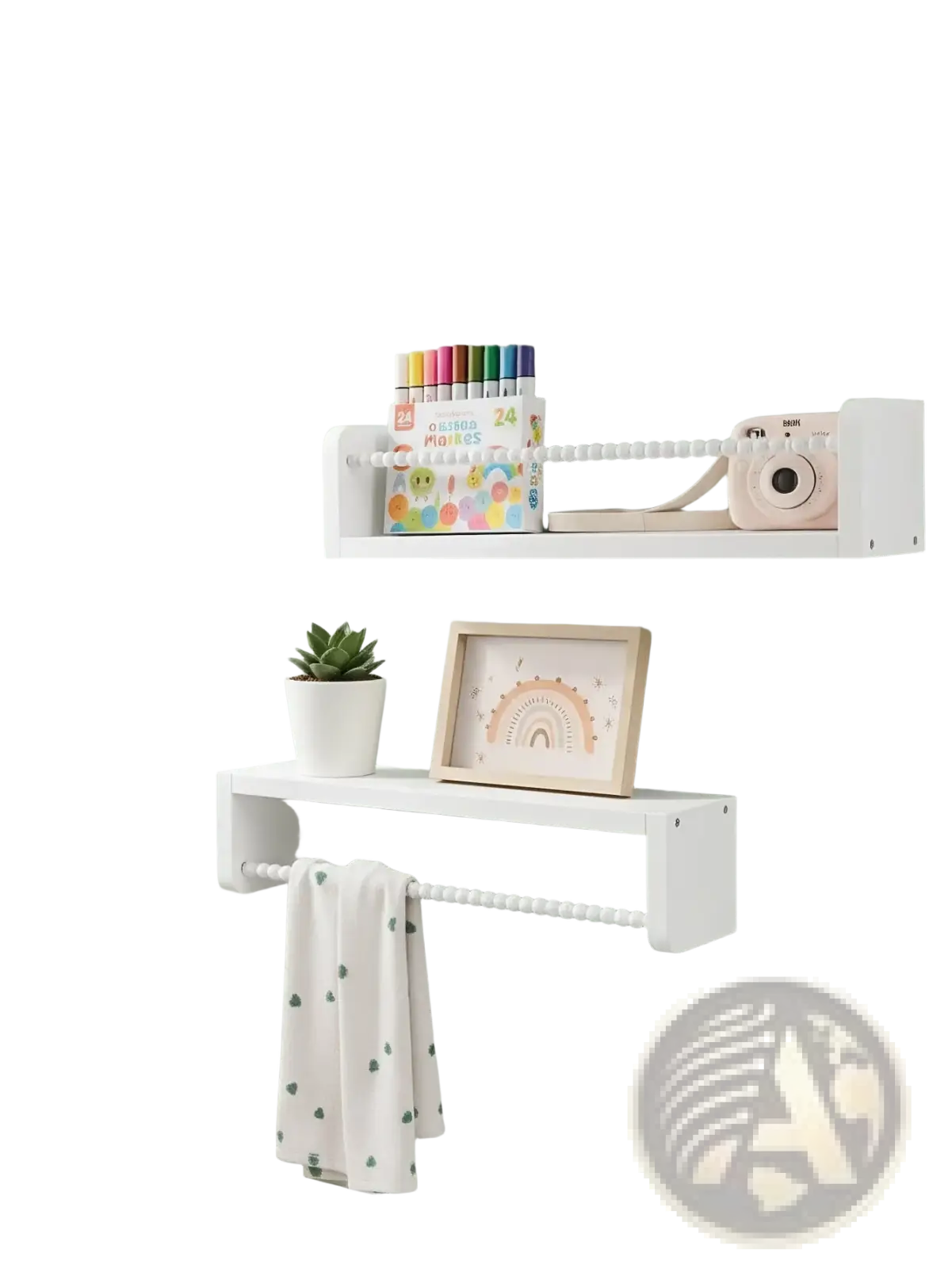 White bead-accented wood floating kids bookshelf in set of 3 with pink instant camera and colorful markers displayed