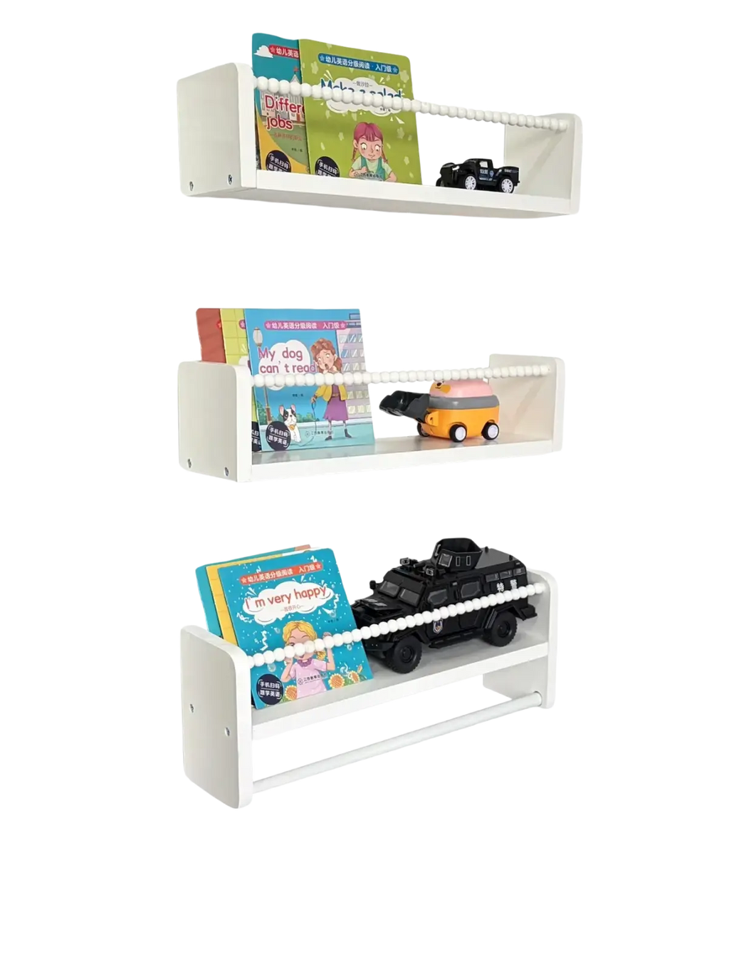 White plastic kids wood floating bookshelf set of 3 with beaded rope detail along front edge