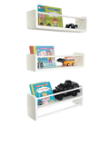 White plastic kids wood floating bookshelf set of 3 with beaded rope detail along front edge