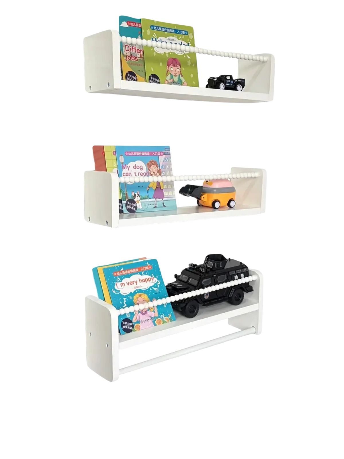 White plastic kids wood floating bookshelf set of 3 with beaded rope detail along front edge