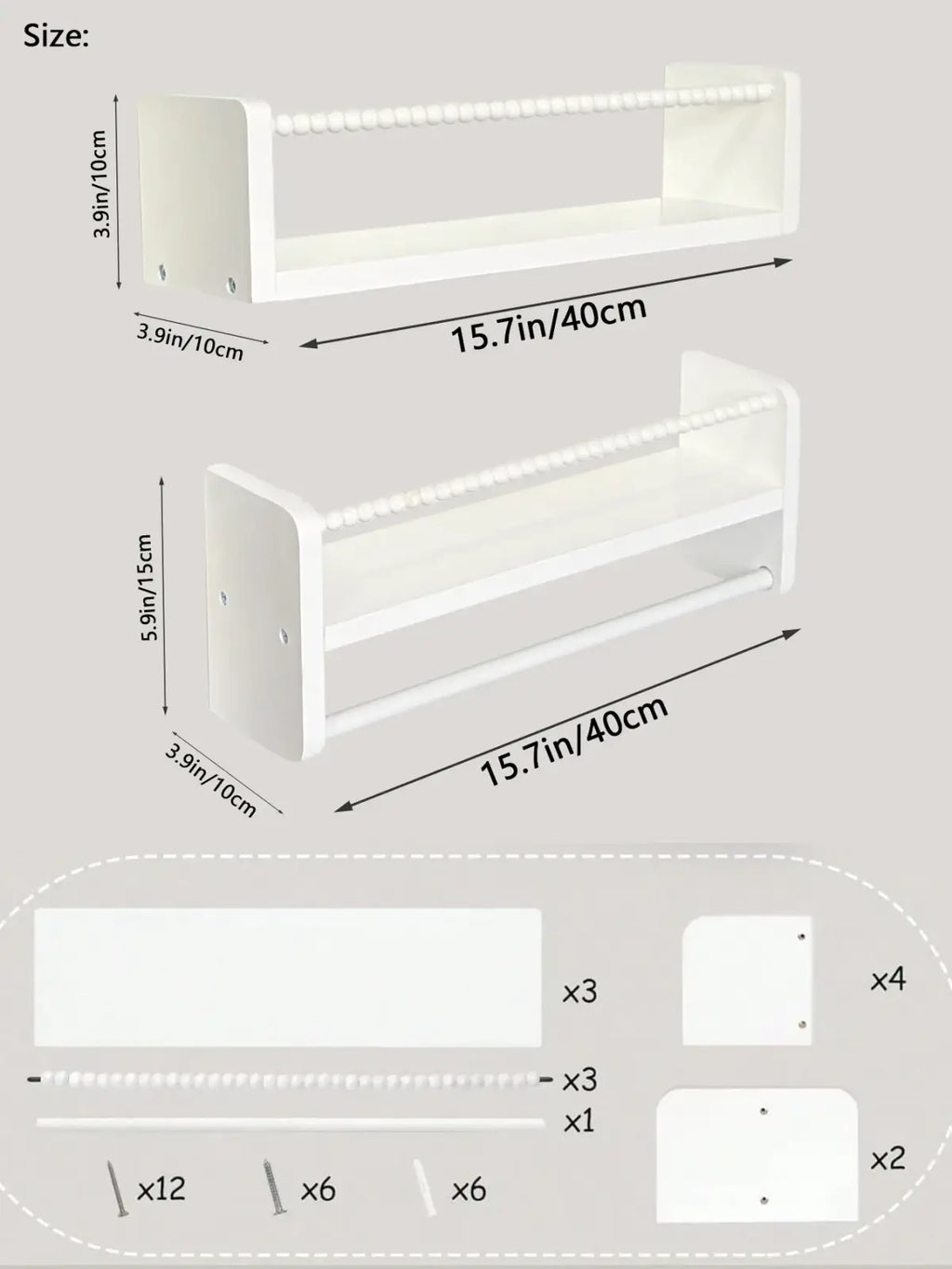 White plastic wall-mounted kids wood floating bookshelves set of 3 with beaded edge detail for children’s rooms