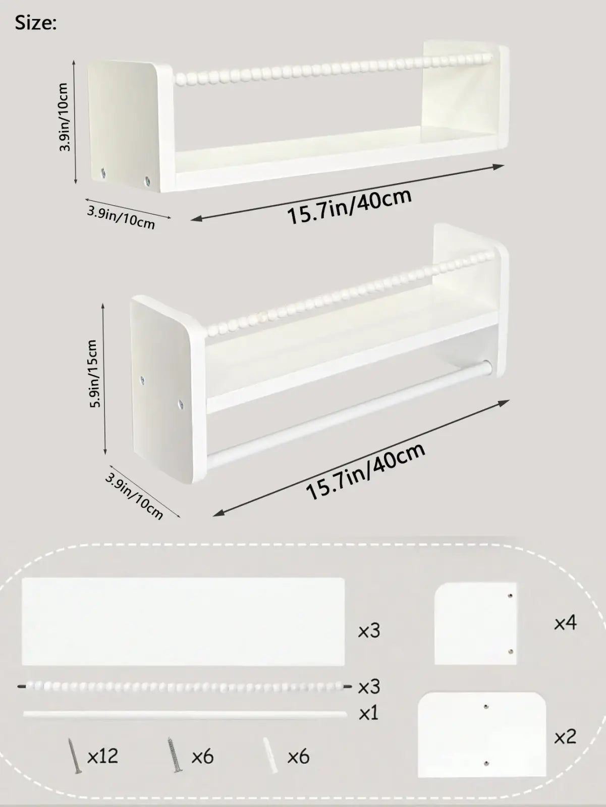 White plastic wall-mounted kids wood floating bookshelves set of 3 with beaded edge detail for children’s rooms