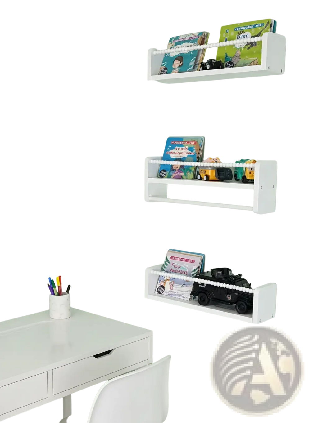 White wood floating bookshelf set of 3 with beaded edges and minimalist design for kids room organization