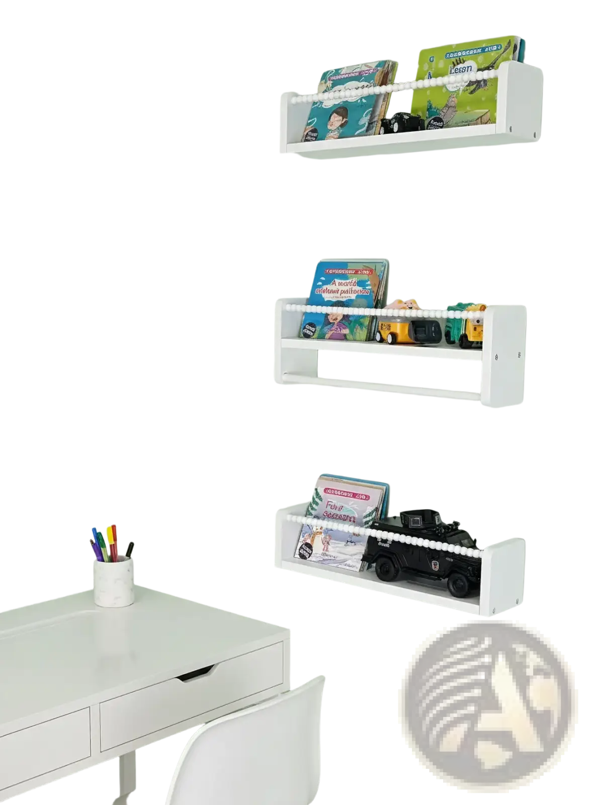 White wood floating bookshelf set of 3 with beaded edges and minimalist design for kids room organization