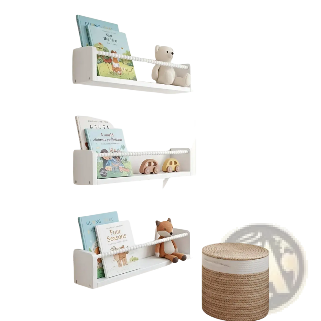 White wood floating bookshelf set of 3 with sleek minimalist design and decorative beaded accents for kids room