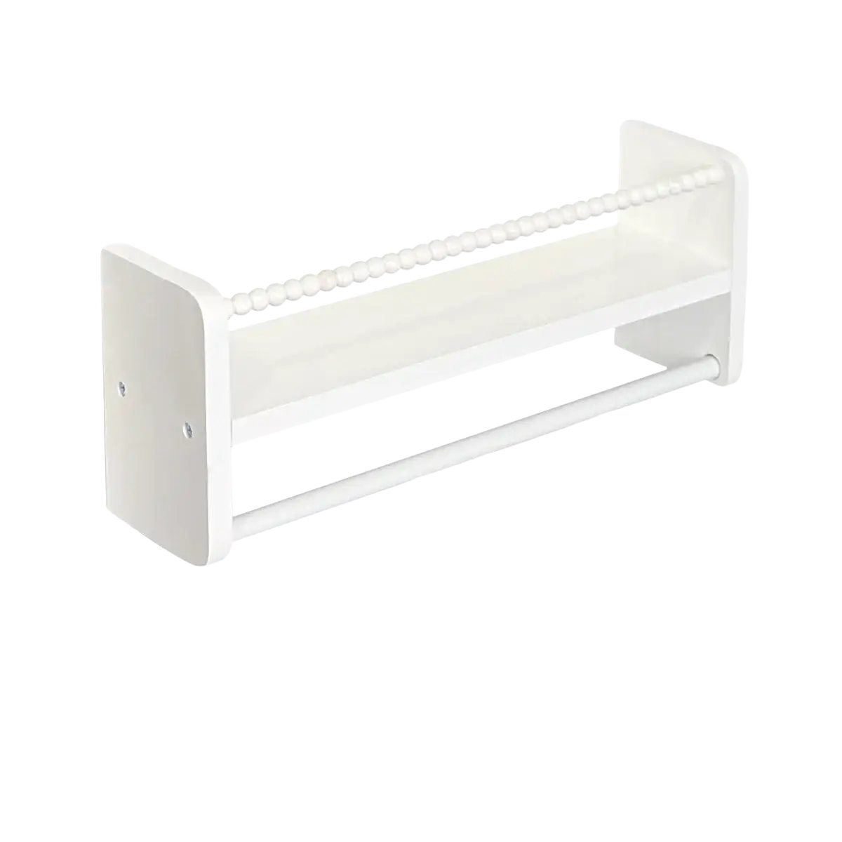 White wooden towel rack with decorative beaded top rail shown alongside kids wood floating bookshelves set of 3