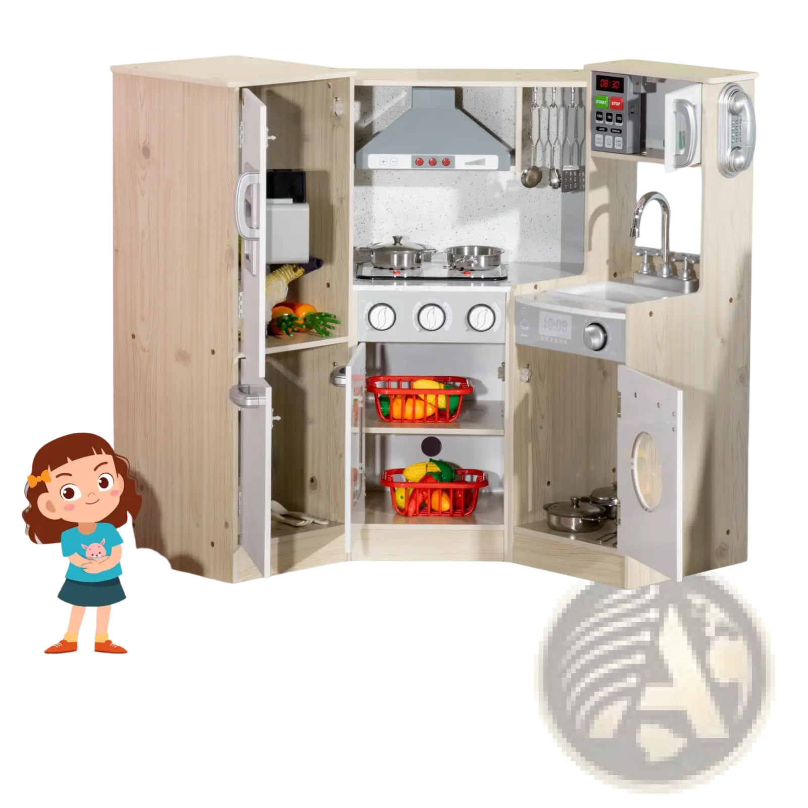 Kids wooden kitchen playset with light wood finish, stainless steel appliances, red baskets, and sound effects toys