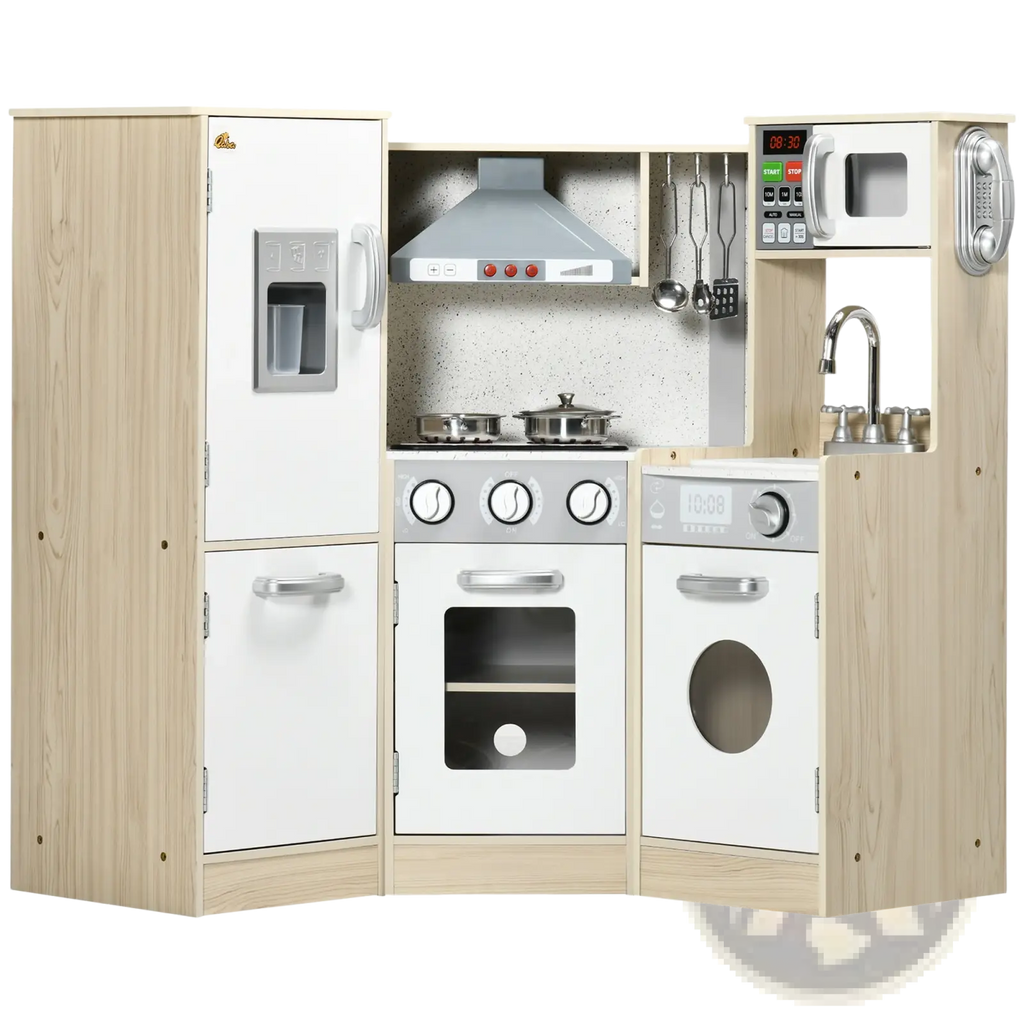 Kids wooden kitchen playset with sound effects featuring light wood, white plastic, and silver accents
