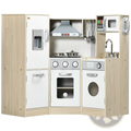 Kids wooden kitchen playset with sound effects featuring light wood, white plastic, and silver accents