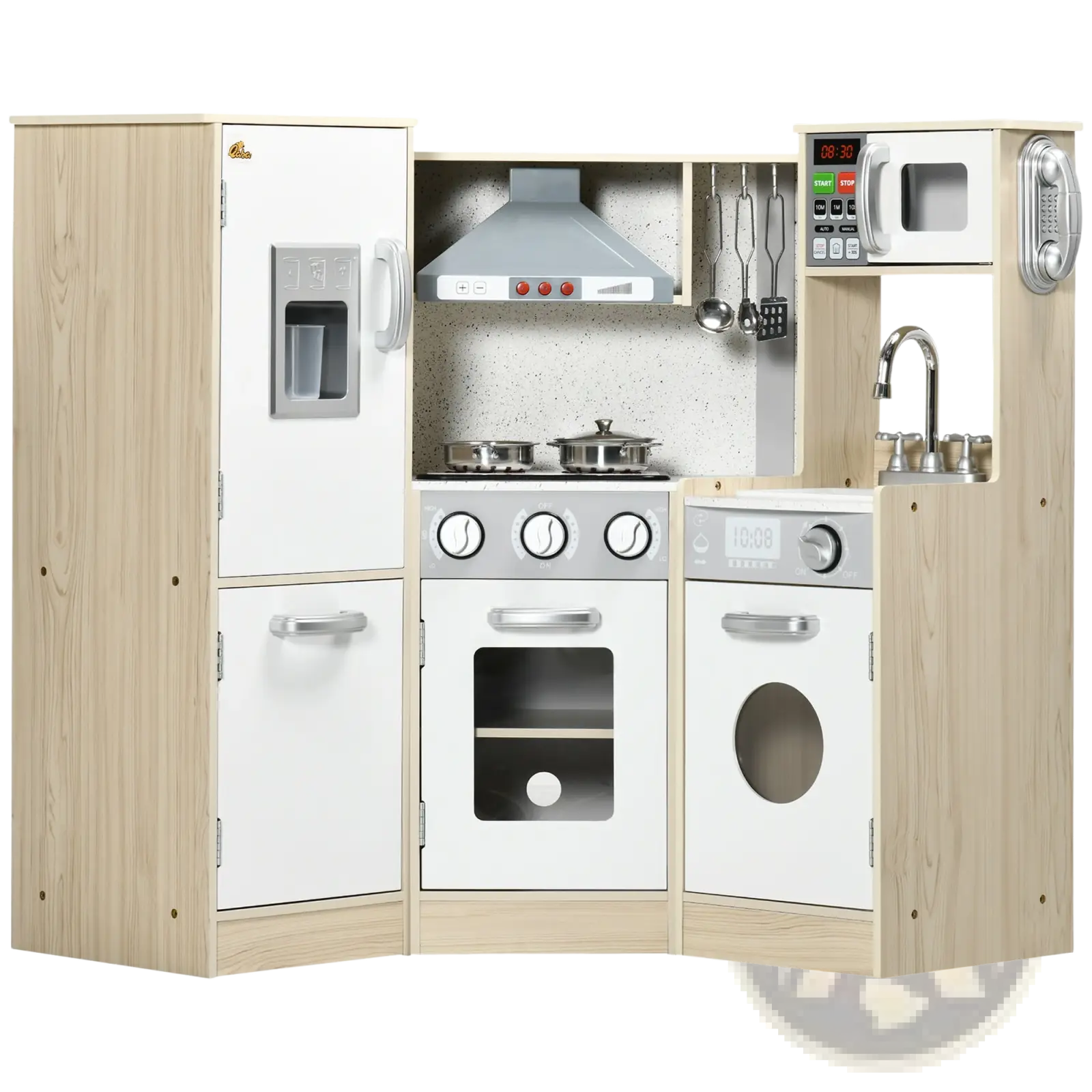 Kids wooden kitchen playset with sound effects featuring light wood, white plastic, and silver accents