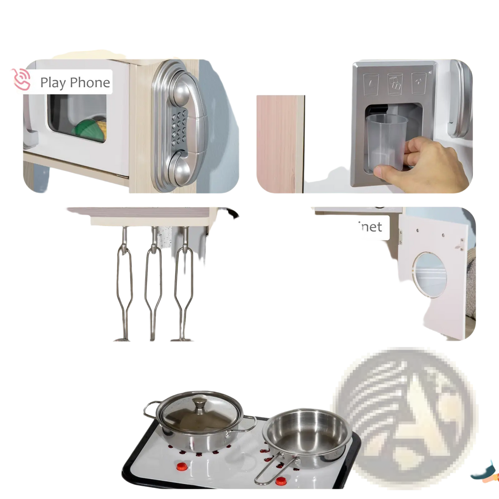 White and silver kids wooden kitchen playset with realistic appliances pots pans storage accessories and sound effects