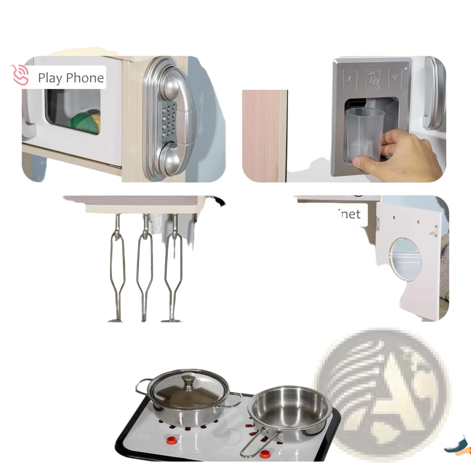 White and silver kids wooden kitchen playset with realistic appliances pots pans storage accessories and sound effects