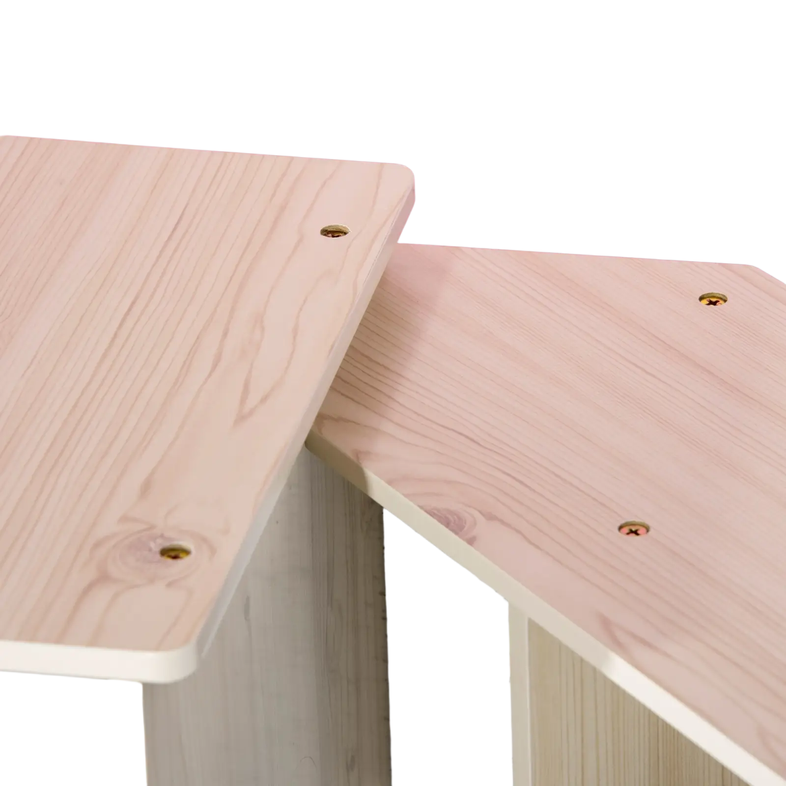 Light-colored wooden desk panels with visible grain and gold-toned screws on kids wooden kitchen playset with sound effects